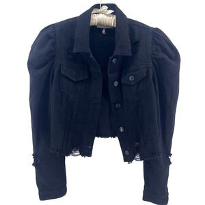 Puff Sleeve Cropped Denim Jacket Womens XL Distressed Edgy Grunge Streetwear